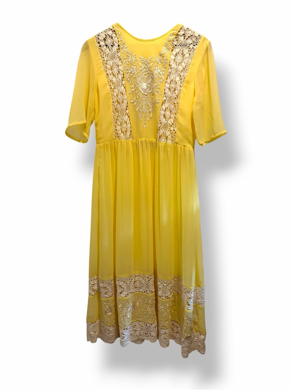 ASOS Yellow Lace Midi Dress US 6 Retro Cottagecore Sheer Embroidered Button Back